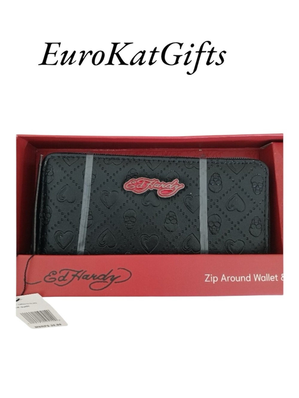 Ed Hardy Black Zip Around Wallet Gift Set with FREE Key Ring and Charm NEW